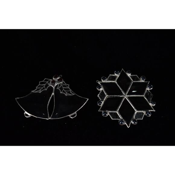 2 Stain Glass Christmas Ornaments Snowflake 6" Bells & Holly 7"x6" - Picture 1 of 5